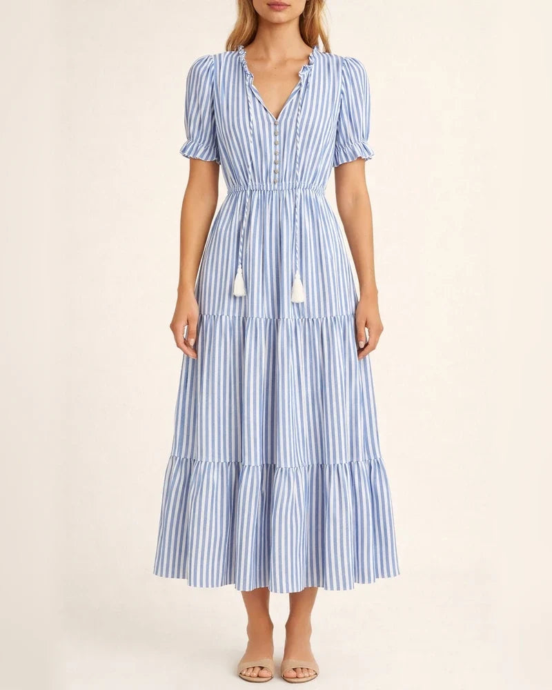 Summer Europe and The United States Fashion Women's V-neck Wooden Ear Fringe Striped Dress Style | JRSEE:593b96e8-953f-44a9-88a2-2270830d7f44