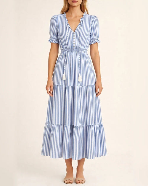 Summer Europe and The United States Fashion Women's V-neck Wooden Ear Fringe Striped Dress Style | JRSEE:593b96e8-953f-44a9-88a2-2270830d7f44