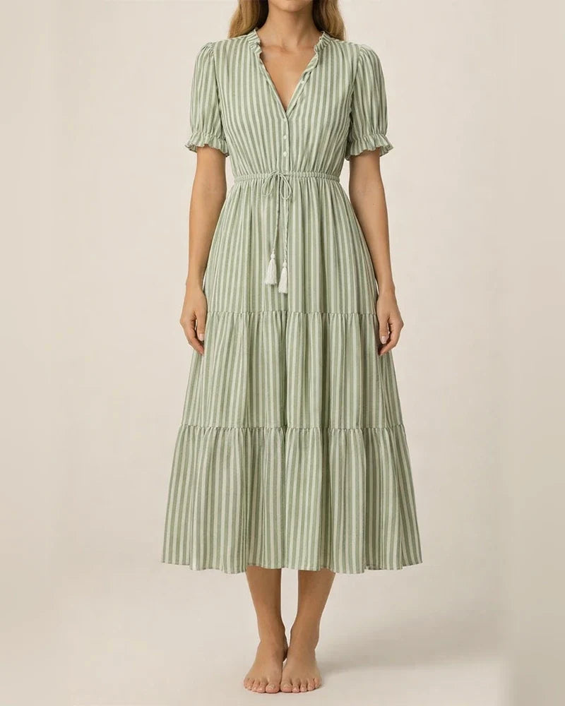 Summer Europe and The United States Fashion Women's V-neck Wooden Ear Fringe Striped Dress Style | JRSEE:4d8787ea-f541-40cd-bfb0-6b52e96196a0