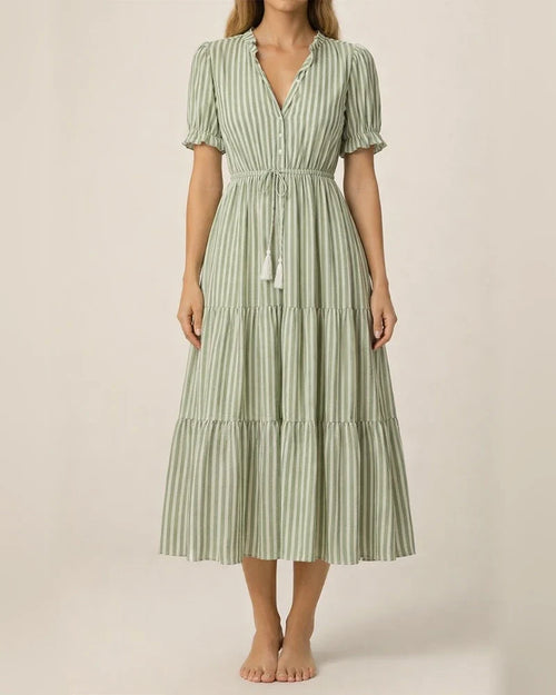 Summer Europe and The United States Fashion Women's V-neck Wooden Ear Fringe Striped Dress Style | JRSEE:4d8787ea-f541-40cd-bfb0-6b52e96196a0