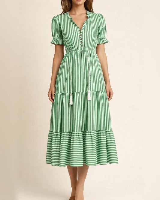 Summer Europe and The United States Fashion Women's V-neck Wooden Ear Fringe Striped Dress Style | JRSEE:7dfbed89-7117-4384-8d8e-a95d563f3c6c