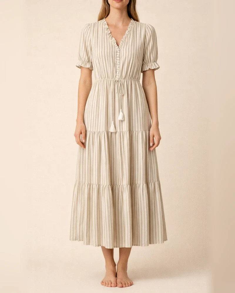 Summer Europe and The United States Fashion Women's V-neck Wooden Ear Fringe Striped Dress Style | JRSEE:68cacfae-a36e-47f2-b053-700137b6b0b2