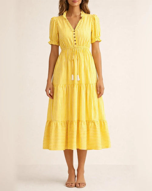 Summer Europe and The United States Fashion Women's V-neck Wooden Ear Fringe Striped Dress Style | JRSEE:9bae8c13-b072-4c85-8977-c198ab13f19b