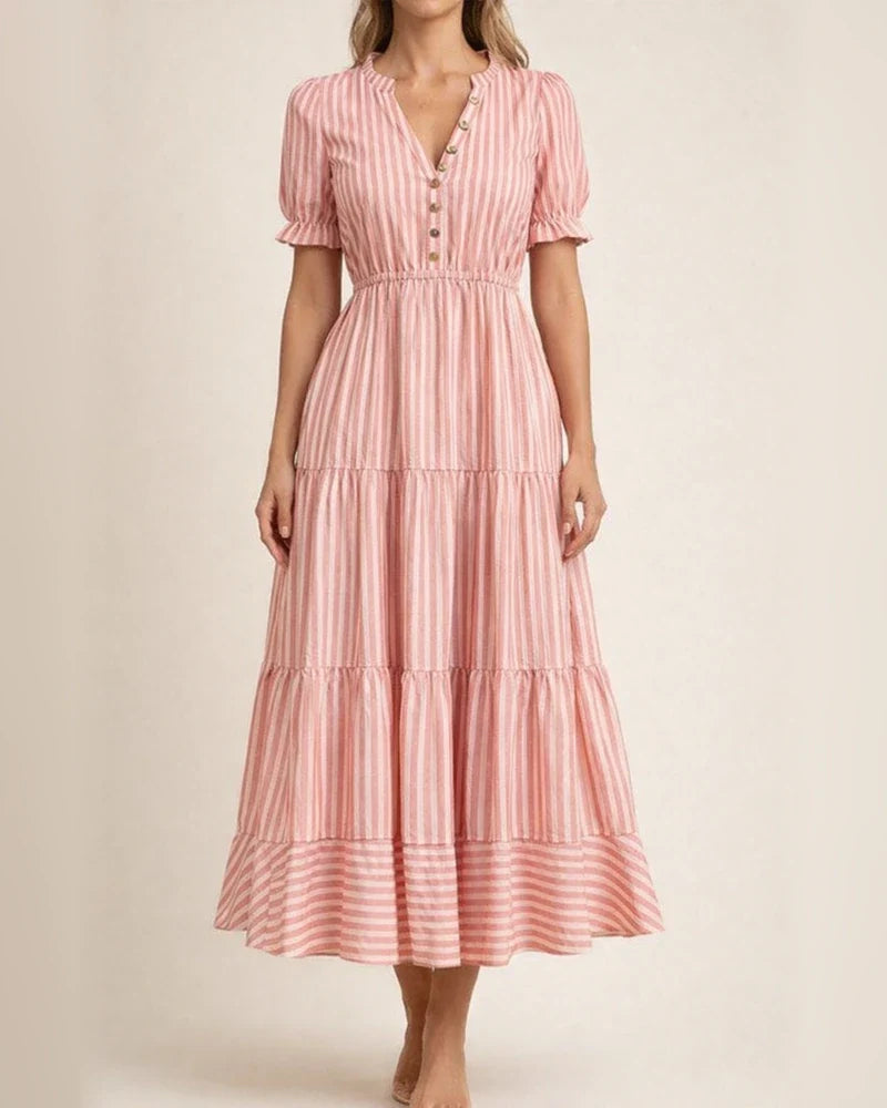 Summer Europe and The United States Fashion Women's V-neck Wooden Ear Fringe Striped Dress Style | JRSEE:fcaff9ba-dbeb-4115-bf05-15574d6a209e