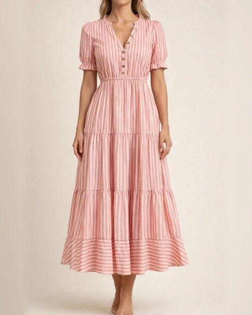 Summer Europe and The United States Fashion Women's V-neck Wooden Ear Fringe Striped Dress Style | JRSEE:fcaff9ba-dbeb-4115-bf05-15574d6a209e