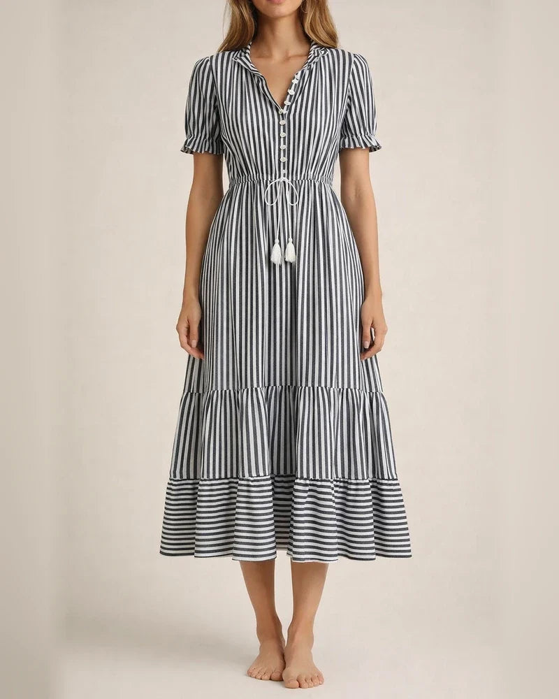 Summer Europe and The United States Fashion Women's V-neck Wooden Ear Fringe Striped Dress Style | JRSEE:479c74d9-61a1-47a2-836c-dc7311c9e1d7