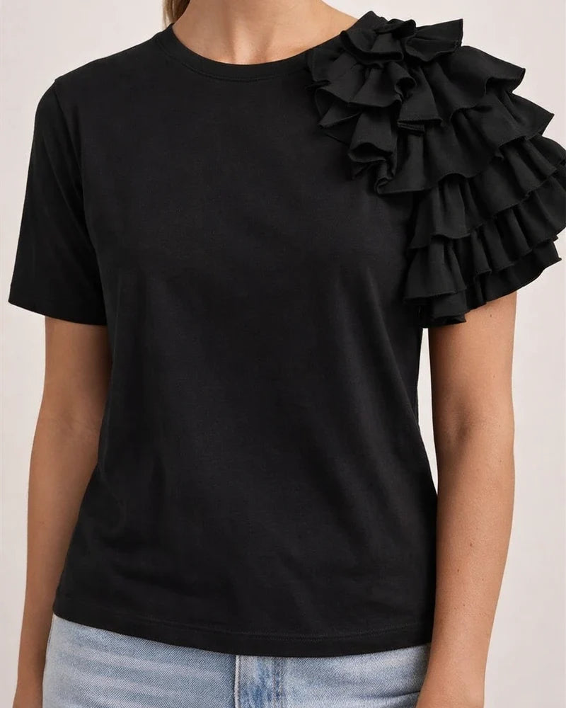 Summer Fashion Ruffled Short-Sleeve Round-Neck Women's T-Shirt | JRSEE:6955db77-fb1b-445e-bc5d-4bb8efd59fd4