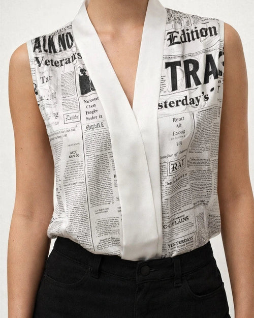 Summer Female Sleeveless V-neck Print Sexy Slim Tops British Style Sleeveless Women's Pullover Shirt Temperament Commuter Style | JRSEE:5f40e70b-aa17-4df8-a10c-abafd4857319