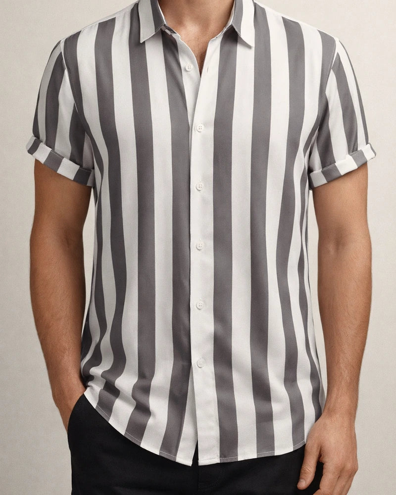 Summer Hot Sale Men's Printed Striped Short-sleeved Lapel Hong Kong Style Personality Loose Casual Shirt | JRSEE:88e0c4b9-b262-4252-a8bb-299abe9002ab