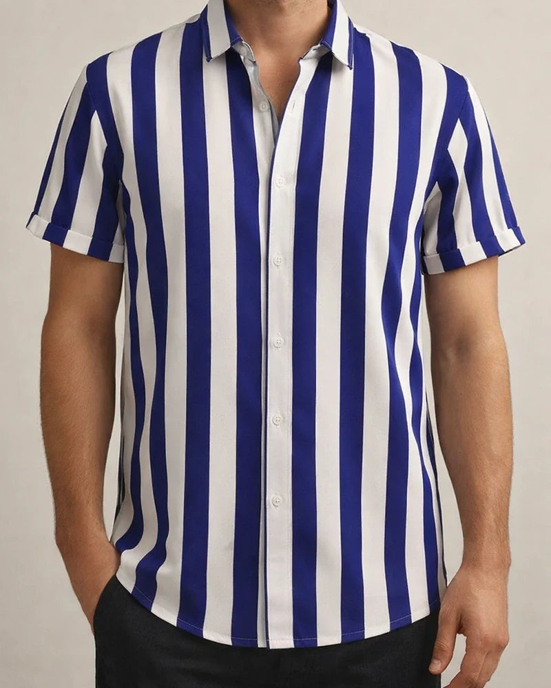 Summer Hot Sale Men's Printed Striped Short-sleeved Lapel Hong Kong Style Personality Loose Casual Shirt | JRSEE:7a3f7dc5-96fe-403b-a501-476b794ef009