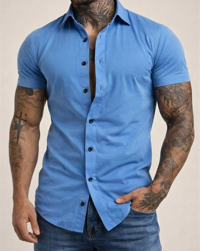 Summer Men's Casual Solid Color Short Sleeve Shirt - Trendy Lightweight Shirt | JRSEE:4df20dec-907b-46e2-a018-752fdd76e477