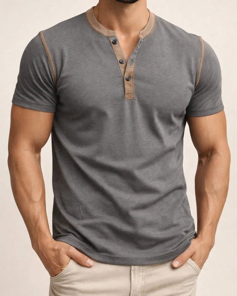 Summer Men's Short-sleeved Henley Shirt Men's Round Neck T-shirt Solid Color T-shirt | JRSEE:c6b7ef20-3bba-4007-a220-5e0cf8d7b390
