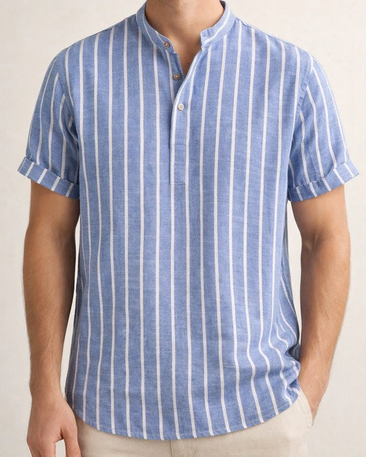 Summer Men's Short-sleeved Shirt Striped Short-sleeved Cotton Shirt | JRSEE:cf4104aa-b1d3-4737-99c5-870346e1a801