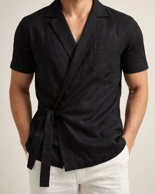 Summer Men's Solid Color Cotton Linen Suit Lapel Tie Short Sleeve Shirt | JRSEE:8c599dd7-7647-43ce-9fcf-0e1f2c2e198f