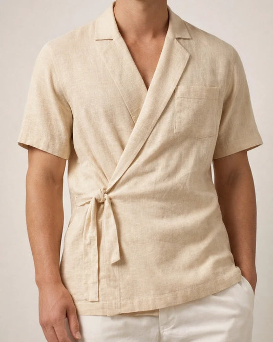 Summer Men's Solid Color Cotton Linen Suit Lapel Tie Short Sleeve Shirt | JRSEE:3d0b1ac9-e607-44fe-91ec-029b0324d64a