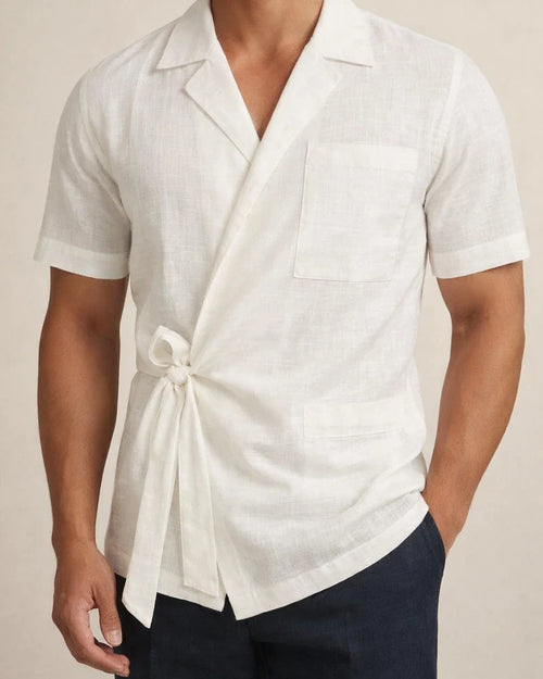 Summer Men's Solid Color Cotton Linen Suit Lapel Tie Short Sleeve Shirt | JRSEE:596e6c6a-09ee-414c-a641-5e9a007f4d03
