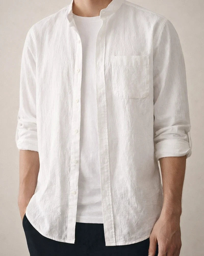 Summer Models Stand Collar Cotton Linen Medium-sleeved Shirt Trend Men Linen Loose Seven-point Sleeve Large Yards Solid Color Shirt Men | JRSEE:f3a0c617-27e7-4e41-93c2-d4721142ec04