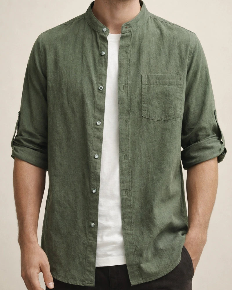 Summer Models Stand Collar Cotton Linen Medium-sleeved Shirt Trend Men Linen Loose Seven-point Sleeve Large Yards Solid Color Shirt Men | JRSEE:b16e8bcc-75f8-40b1-b0fa-ad18e79c83d8