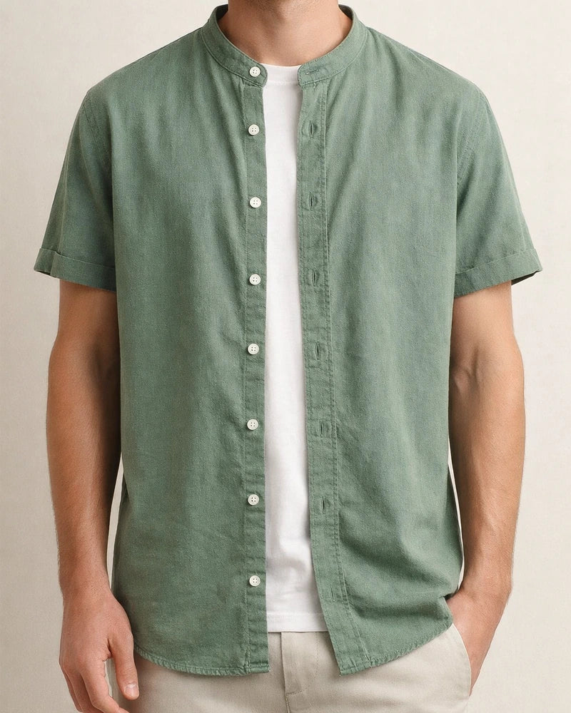 Summer New Arrival Men's Short-Sleeve Shirt with Stand-up Collar Casual Cotton-Hemp Blend Shirt | JRSEE:af2b4870-81ac-4beb-8353-65d4f789e89f