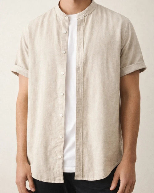 Summer New Arrival Men's Short-Sleeve Shirt with Stand-up Collar Casual Cotton-Hemp Blend Shirt | JRSEE:dd0216a9-4ec4-405b-85a8-5a80b2c27548