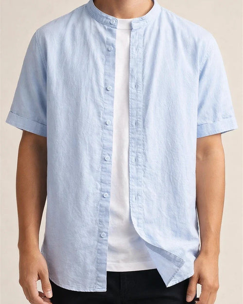 Summer New Arrival Men's Short-Sleeve Shirt with Stand-up Collar Casual Cotton-Hemp Blend Shirt | JRSEE:30b88caf-1e09-4b76-b92e-057cd6fb0911