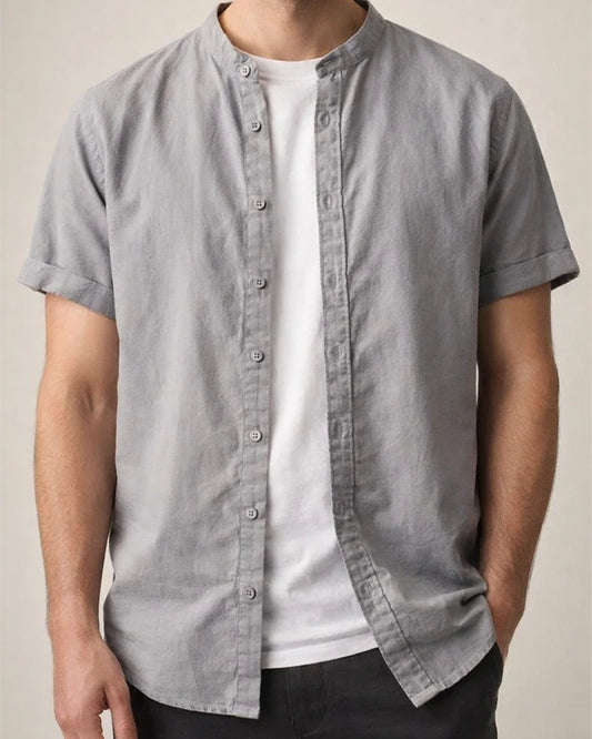 Summer New Arrival Men's Short-Sleeve Shirt with Stand-up Collar Casual Cotton-Hemp Blend Shirt | JRSEE:0fafb724-95da-4431-90fa-da02fa49e70f