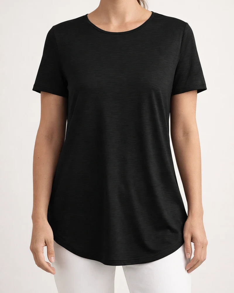 Summer New Arrival Solid Color T-Shirt with Elegant Back Button Round Neck | JRSEE:fecd0362-93d3-4a8f-9e30-412e4c57a8ea