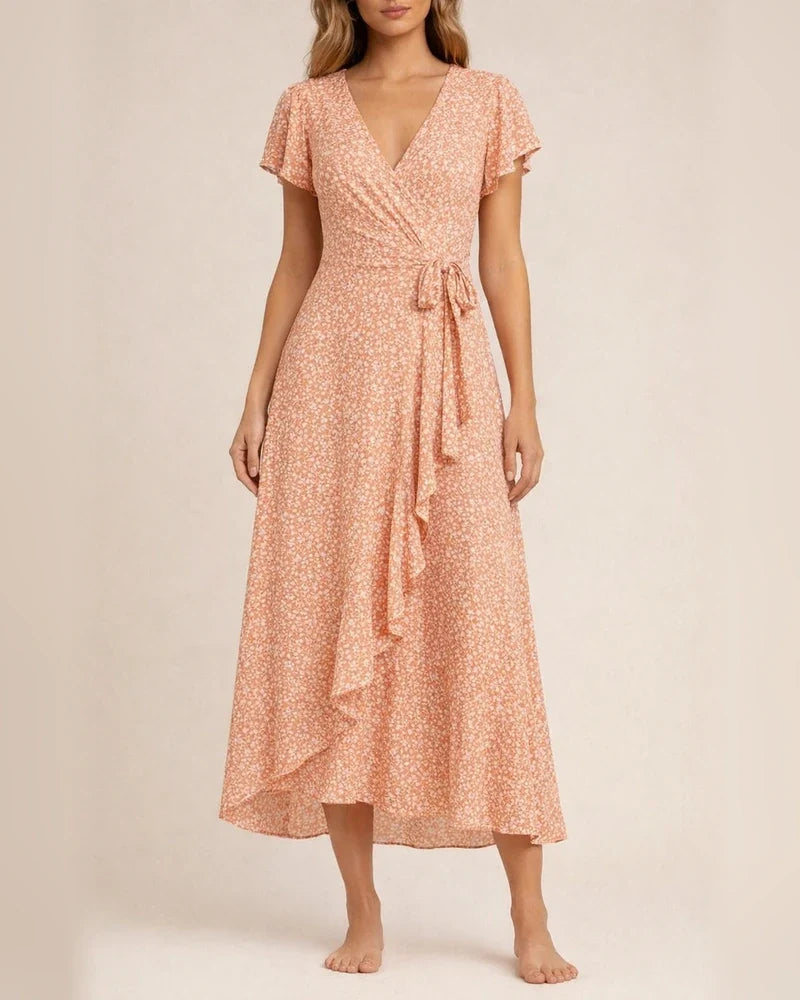 Summer New Arrival Women's V-Neck Belted Wrap Maxi Dress Bohemian Wide-Hem Vacation Dress | JRSEE:f4526236-fca6-4643-8846-69672c005f3a