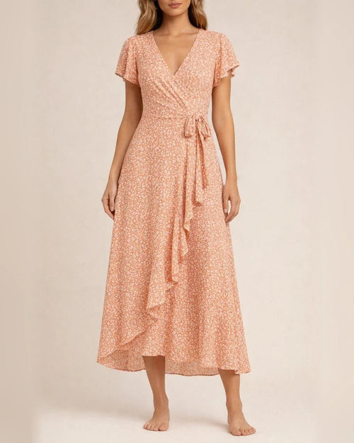 Summer New Arrival Women's V-Neck Belted Wrap Maxi Dress Bohemian Wide-Hem Vacation Dress | JRSEE:f4526236-fca6-4643-8846-69672c005f3a