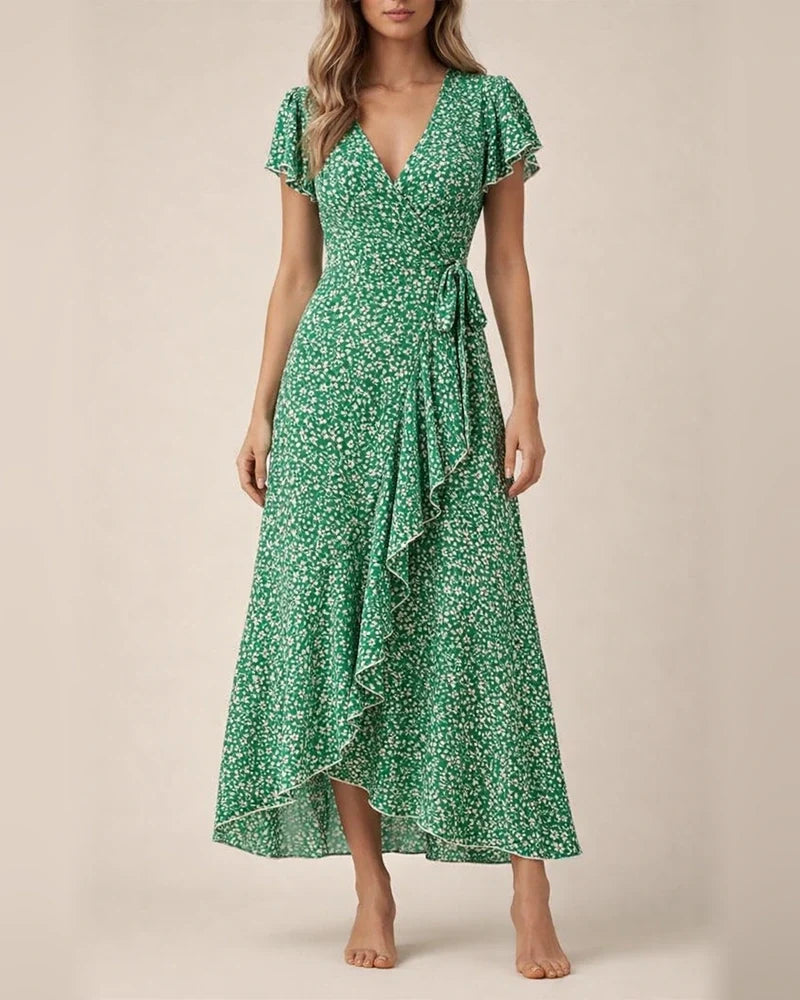 Summer New Arrival Women's V-Neck Belted Wrap Maxi Dress Bohemian Wide-Hem Vacation Dress | JRSEE:8d76bdb0-cd81-4f24-90e7-f34c0394d3bb