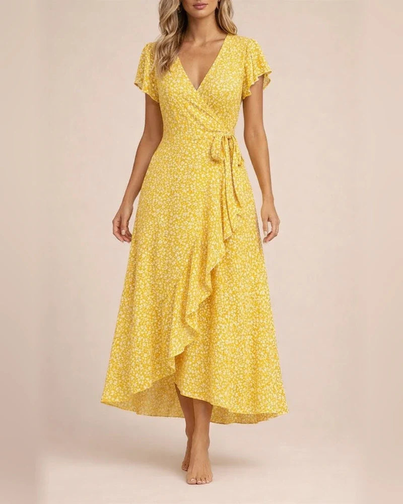Summer New Arrival Women's V-Neck Belted Wrap Maxi Dress Bohemian Wide-Hem Vacation Dress | JRSEE:8f9b2c27-b270-45c4-a5c2-16d476eb1e2f