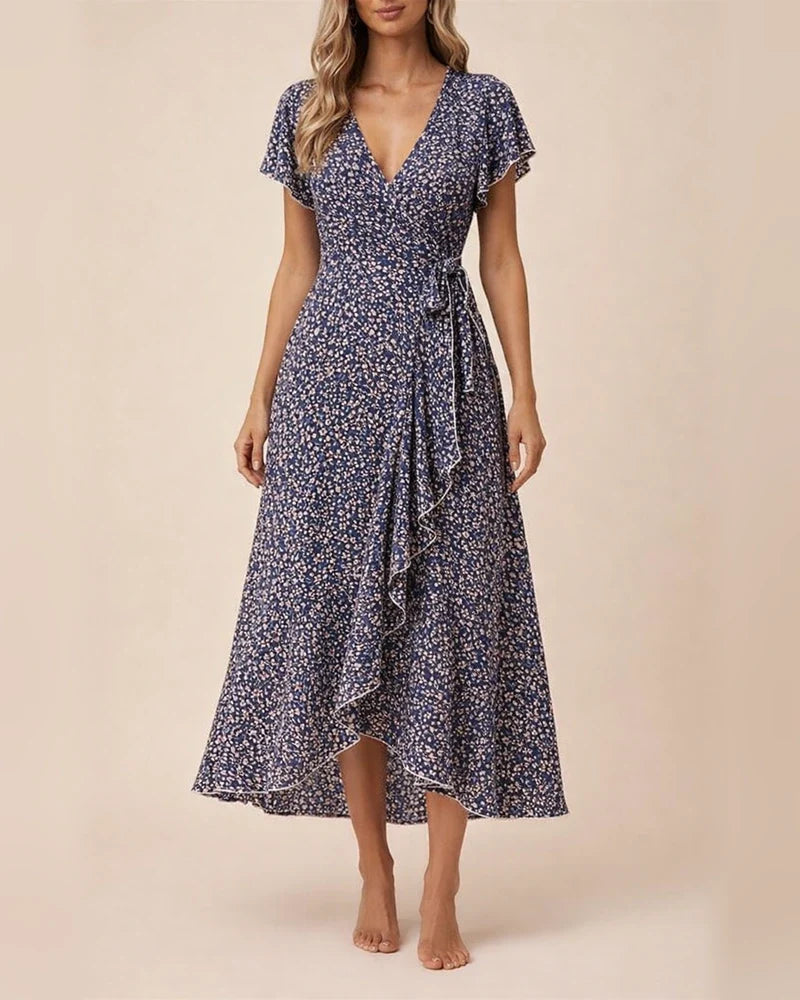 Summer New Arrival Women's V-Neck Belted Wrap Maxi Dress Bohemian Wide-Hem Vacation Dress | JRSEE:69b8c98a-bbc7-4e4e-a38c-61a7a2b2f645