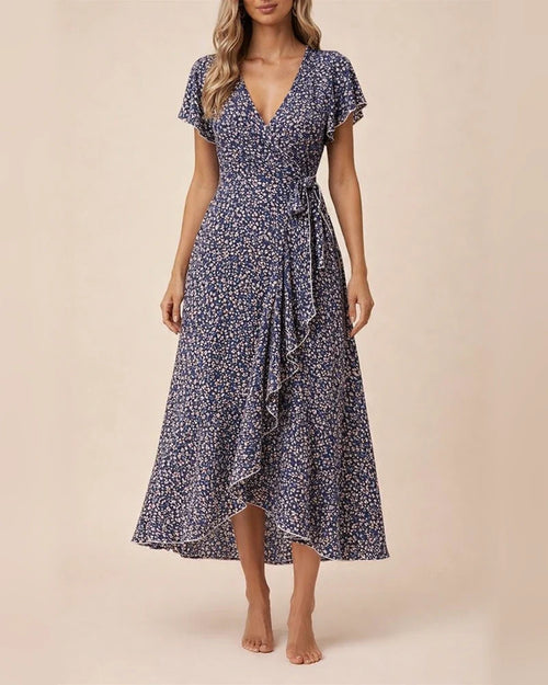 Summer New Arrival Women's V-Neck Belted Wrap Maxi Dress Bohemian Wide-Hem Vacation Dress | JRSEE:69b8c98a-bbc7-4e4e-a38c-61a7a2b2f645