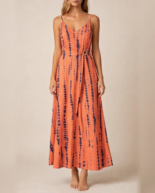 Summer New Comfortable Casual Halter Dress Tie-dye Print V-neck Sleeveless Midriff Swing Long Skirt Street Style Casual Dress | JRSEE:f38cab0c-9aa6-46d3-a2bd-1cf8b8fa5768