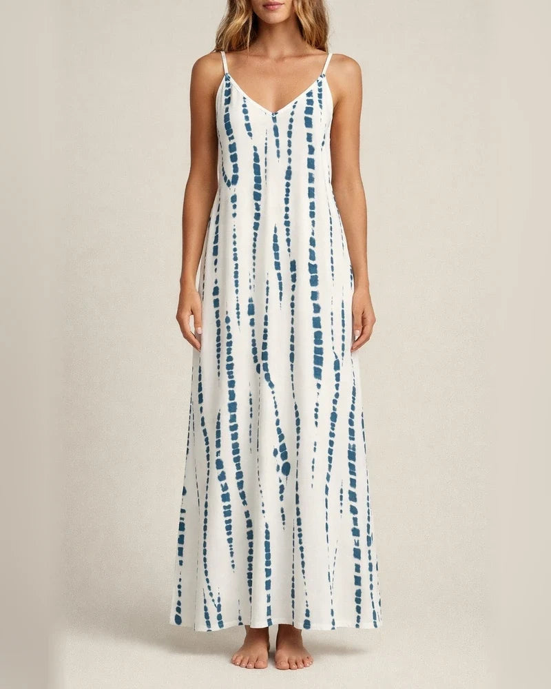 Summer New Comfortable Casual Halter Dress Tie-dye Print V-neck Sleeveless Midriff Swing Long Skirt Street Style Casual Dress | JRSEE:d4adabab-f552-4d47-be6c-c3042051d5e3