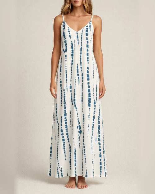 Summer New Comfortable Casual Halter Dress Tie-dye Print V-neck Sleeveless Midriff Swing Long Skirt Street Style Casual Dress | JRSEE:d4adabab-f552-4d47-be6c-c3042051d5e3