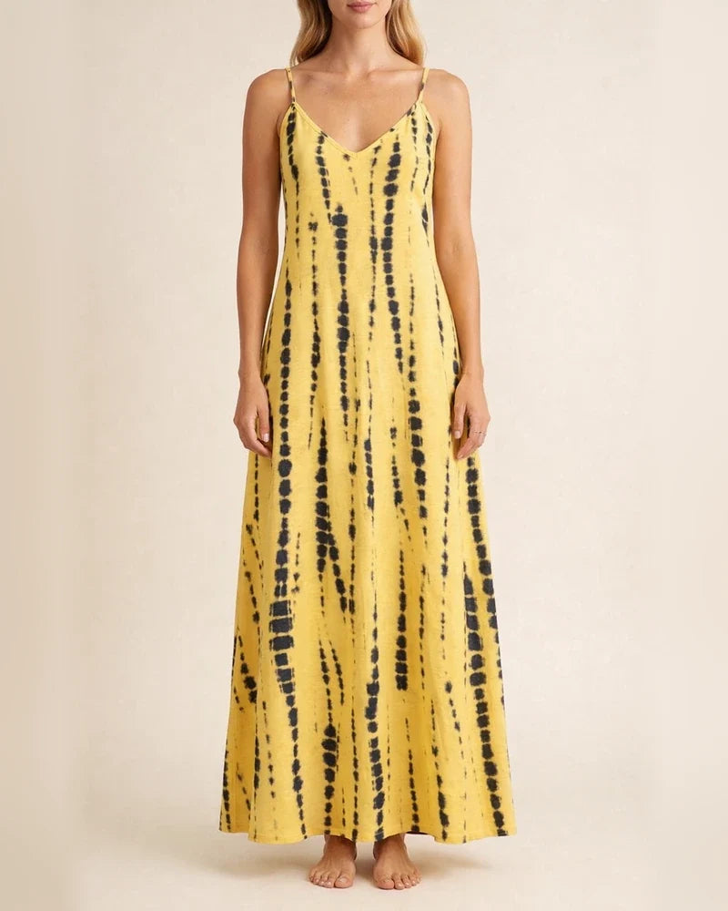 Summer New Comfortable Casual Halter Dress Tie-dye Print V-neck Sleeveless Midriff Swing Long Skirt Street Style Casual Dress | JRSEE:0350cf5c-ea88-4480-86ef-7d4d0522a912