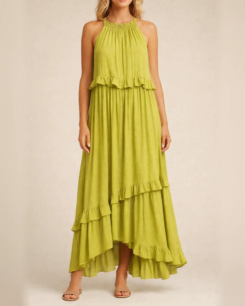 Summer New Holiday Style Ruffled Long Dress Sleeveless Round Neck Swing Elegant Beach Dress Women | JRSEE:82abe9ee-b4d8-4df2-b52c-b703adb4f3dc