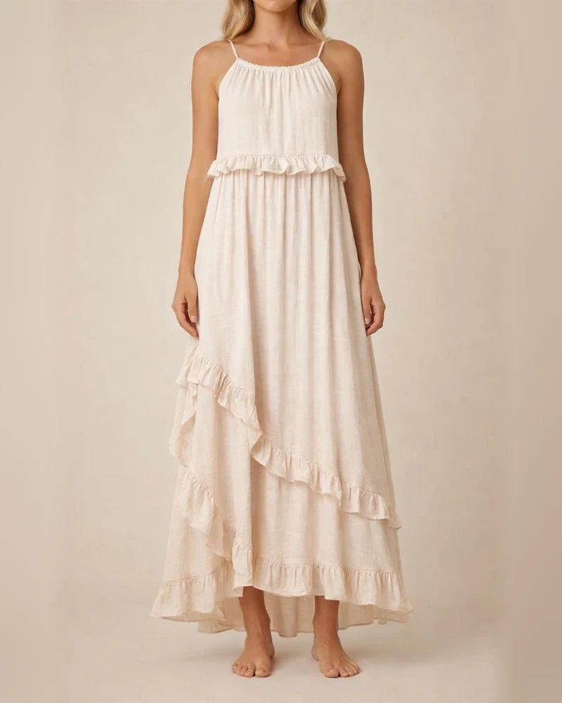 Summer New Holiday Style Ruffled Long Dress Sleeveless Round Neck Swing Elegant Beach Dress Women | JRSEE:f85c38d5-8dec-402f-8701-d47bba4ec349