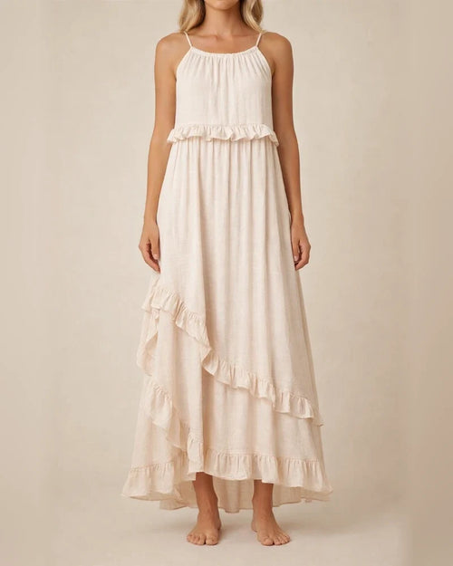 Summer New Holiday Style Ruffled Long Dress Sleeveless Round Neck Swing Elegant Beach Dress Women | JRSEE:f85c38d5-8dec-402f-8701-d47bba4ec349