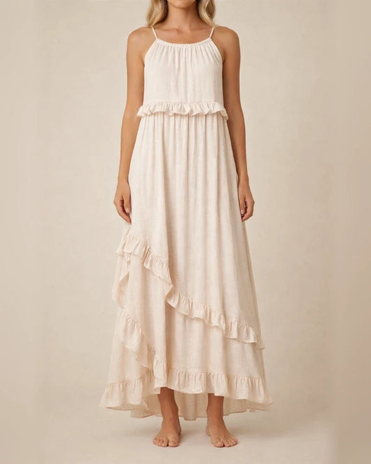 Summer New Holiday Style Ruffled Long Dress Sleeveless Round Neck Swing Elegant Beach Dress Women | JRSEE:f85c38d5-8dec-402f-8701-d47bba4ec349