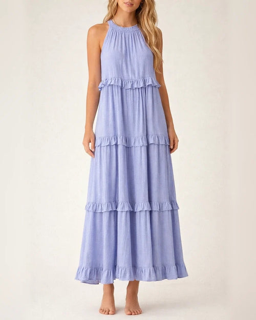 Summer New Holiday Style Ruffled Long Dress Sleeveless Round Neck Swing Elegant Beach Dress Women | JRSEE:76ca38ed-4b67-4e18-bf72-d7347577729b