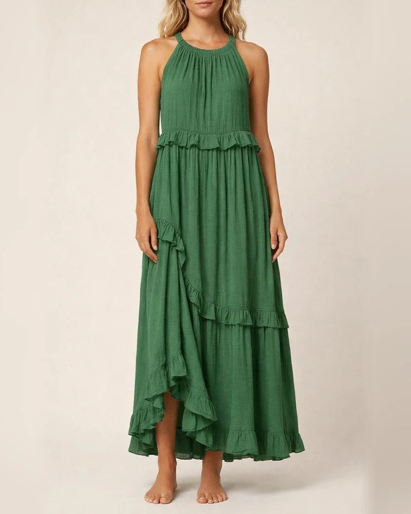 Summer New Holiday Style Ruffled Long Dress Sleeveless Round Neck Swing Elegant Beach Dress Women | JRSEE:d3673edb-3acd-4ed1-9b7b-724f7cf5f941