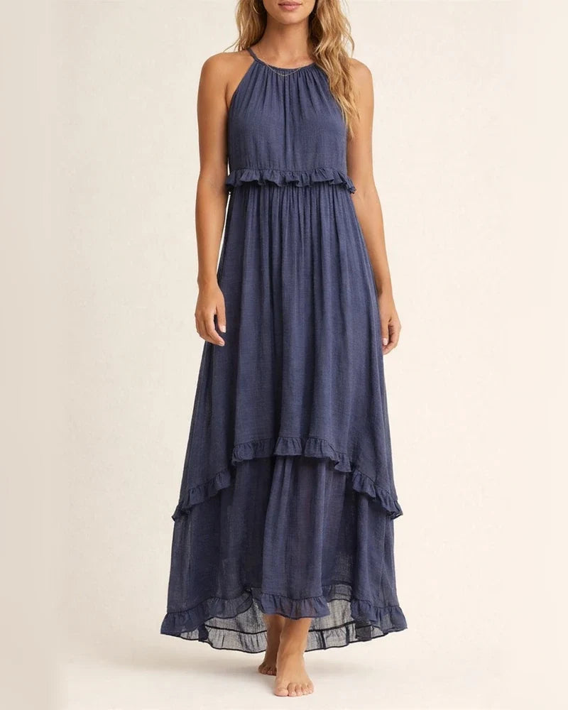 Summer New Holiday Style Ruffled Long Dress Sleeveless Round Neck Swing Elegant Beach Dress Women | JRSEE:513ee245-e0bb-4681-bd31-d7d74b72ceb2