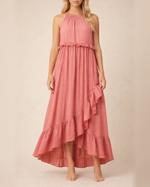 Summer New Holiday Style Ruffled Long Dress Sleeveless Round Neck Swing Elegant Beach Dress Women | JRSEE:42b116ef-883c-4000-8674-9da9e3b0932f