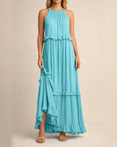 Summer New Holiday Style Ruffled Long Dress Sleeveless Round Neck Swing Elegant Beach Dress Women | JRSEE:fc42248f-384a-430a-a6fb-fa6cac9a8622