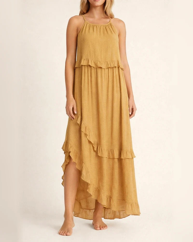Summer New Holiday Style Ruffled Long Dress Sleeveless Round Neck Swing Elegant Beach Dress Women | JRSEE:0e2dd4ee-3235-43e5-b2ff-4e0b39ae7142
