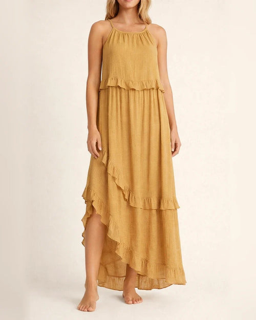 Summer New Holiday Style Ruffled Long Dress Sleeveless Round Neck Swing Elegant Beach Dress Women | JRSEE:0e2dd4ee-3235-43e5-b2ff-4e0b39ae7142