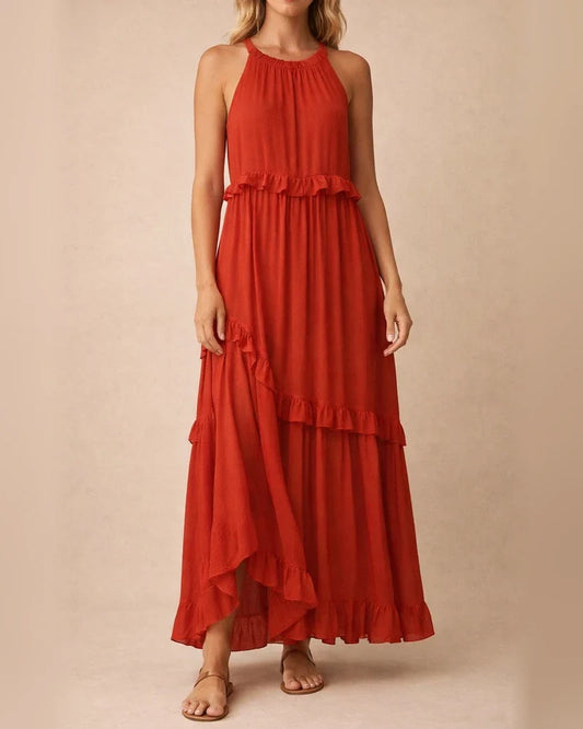 Summer New Holiday Style Ruffled Long Dress Sleeveless Round Neck Swing Elegant Beach Dress Women | JRSEE:2058d7dc-49d6-4fe5-b541-e3039caa3ba7