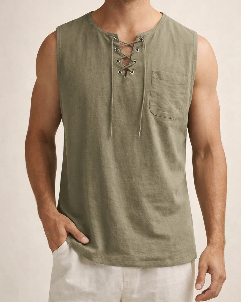 Summer New Hot Men's Slim Pocket Decorated Cotton Linen Solid Color Youth Popular Fashion Sleeveless Laced Casual Undershirt Shirt | JRSEE:06a77362-1700-443d-9872-a38811a5f6a6